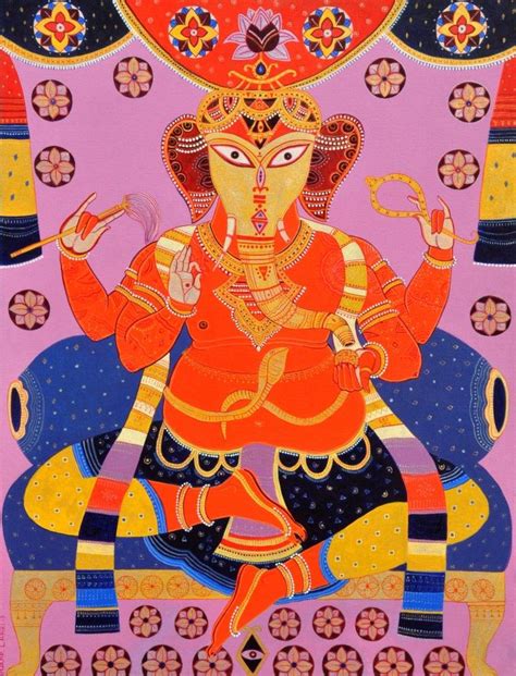 "Ganapati": Orange Acrylic Painting by Bhaskar Lahiri – ArtZolo.com