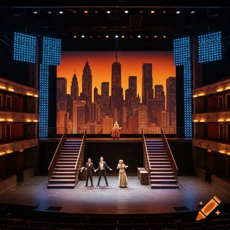 A theater stage is set with actors performing in front of a cityscape backdrop. on Craiyon
