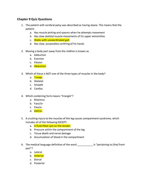 MED TERM quiz 9 - chapter 9 quiz with answers on the muscular system ...