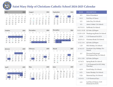 Calendar - St Mary Help of Christians Catholic School
