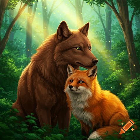Brown wolf and orange fox in a green forest on Craiyon