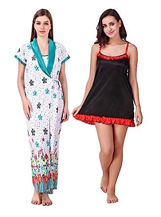 Buy Freely Satin Printed Robe & Short Nighty/Nightdress - Pack of 2 Red ...