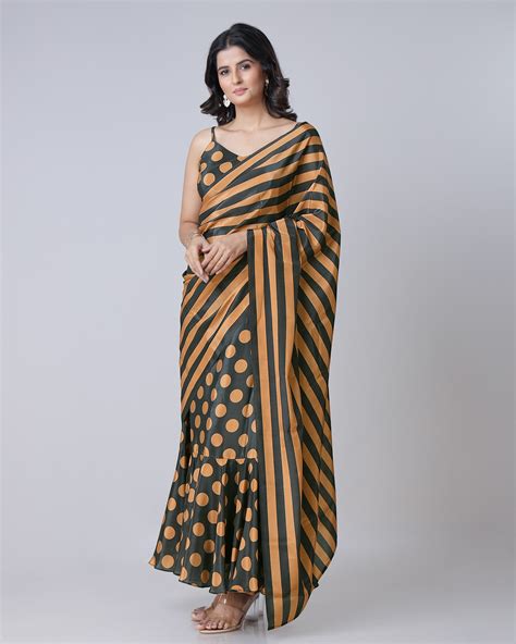 Black And Orange Polkadot Pre-Draped Gown Saree With Stripes Pallu ...
