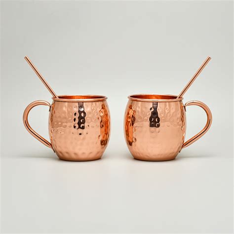 Pure Copper Moscow Mule Mugs (Set of 2) +2 Copper Straws | Hammered Fi ...