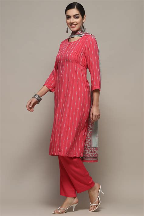 Coral Rayon Gathered Suit Set at Biba India