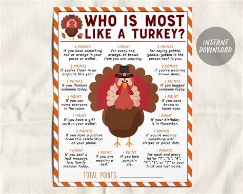Thanksgiving game who is most like the turkey printable fall ...