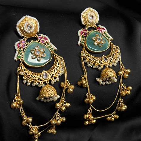 Kashmiri Gold Premium Brass Jhumka Sea Green – Baranashe