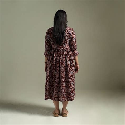 Maroon Natural Dyed Cotton Hand Block Print Flared Kalamkari Dress