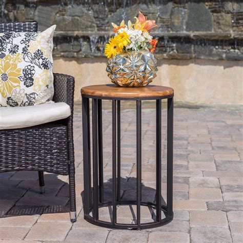 Cascada Outdoor Acacia Wood 15" Accent Table with Antique Finished Iron ...