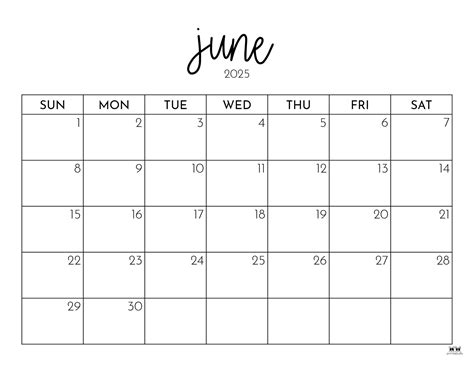 June 2025 Calendar Cursive