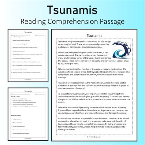 Tsunamis | Reading Comprehension Passage Printable Worksheet ...