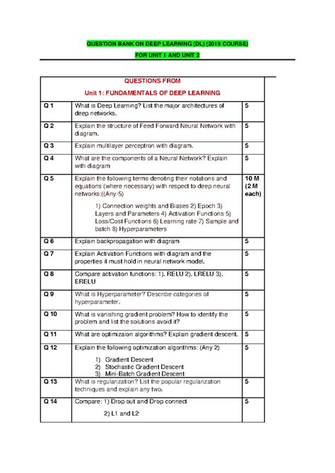 Deep Learning Question Bank for Units 1 & 2 (DL 2019 Course) - Studocu