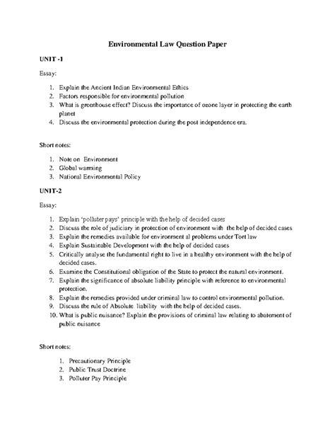 EL-few questions - Environmental Law Question Paper UNIT - 1 Essay: 1 ...