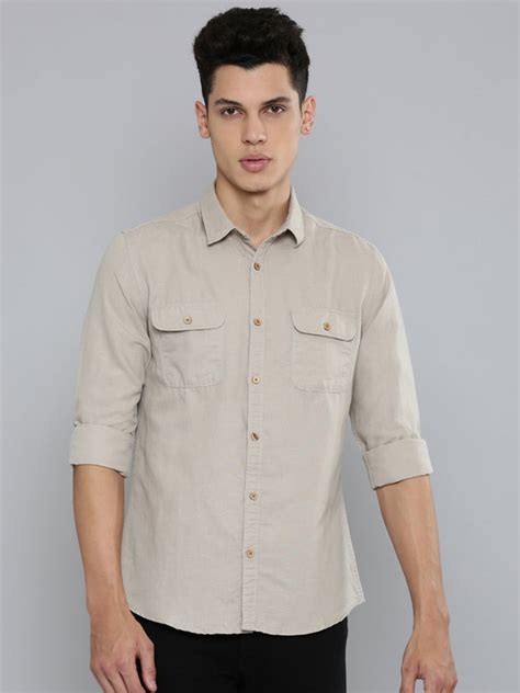 Home Men Hemp Beige Double Pocket Utility Shirt