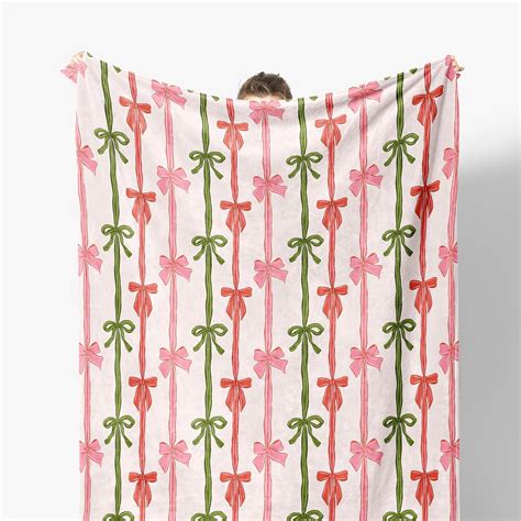 Coquette Christmas Throw Blanket, Red Green Pink Ribbon Bow Christmas ...