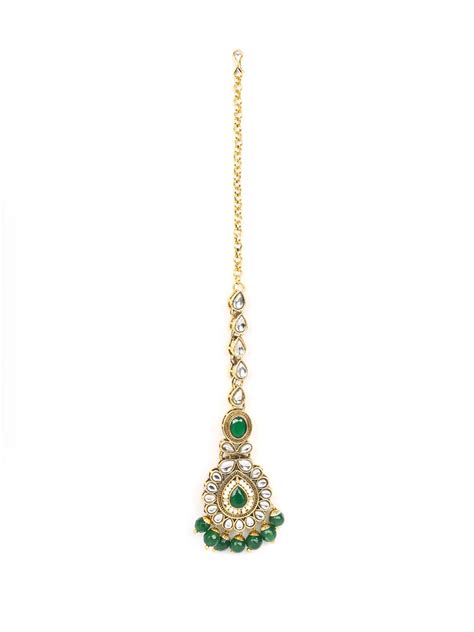 Green Pearls Beads Kundan Emerald Gold Plated Choker Set with Maang Ti ...