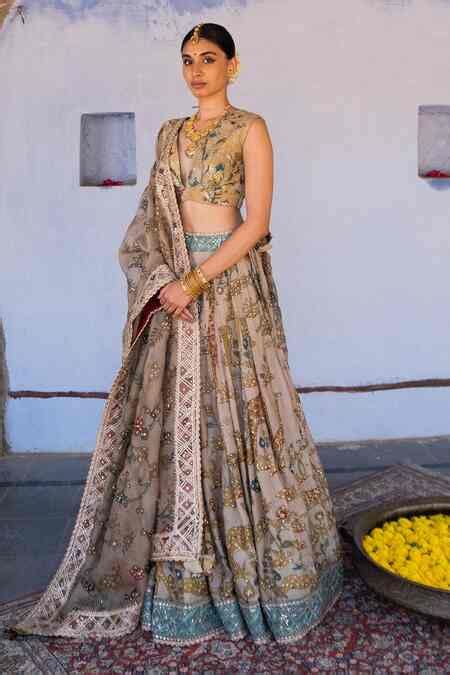 Buy Beige Organza Silk Hand Painted Aari V Neck Kalamkari Bridal ...