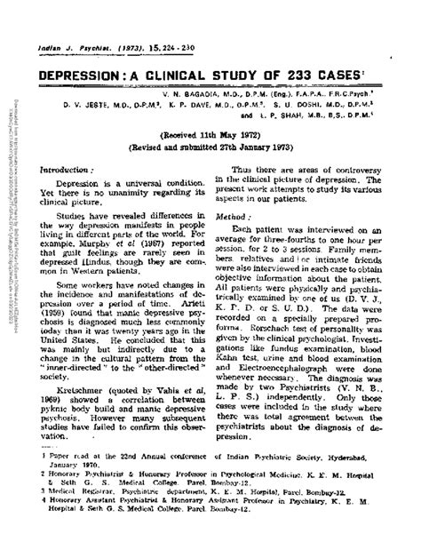 Depression A Clinical Study OF 233 Cases 1 - Indian J. Psychiit. (1973 ...