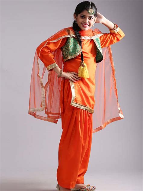 Girls Punjabi Bhangra Gidda Dance Orange Costume (Salwar, Kurta ...