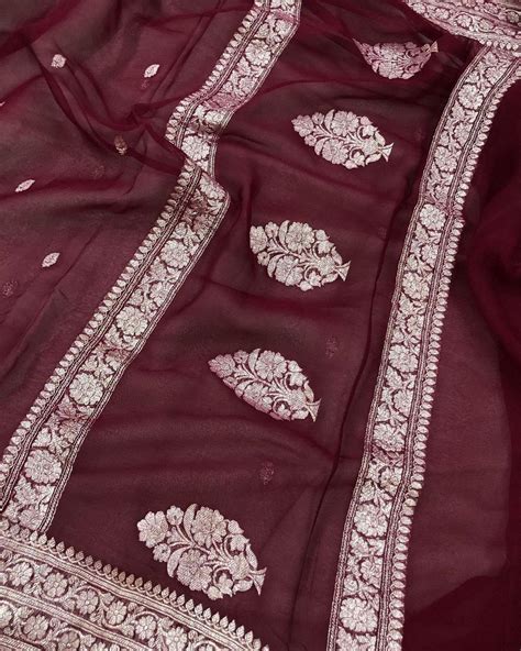 Burgundy Khaddi Chiffon Banarasi Handloom Saree - Aura Benaras