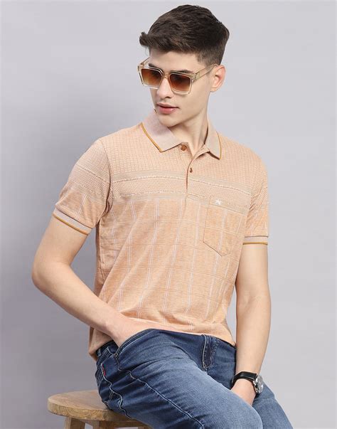 Buy Men Beige Stripe Polo Collar Half Sleeve T-Shirt Online in India ...