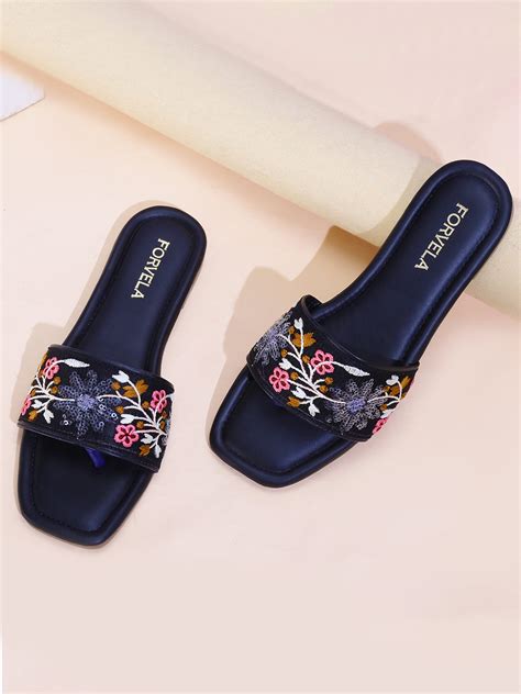 FORVELA Women Bow Embroidery Flat Sandal