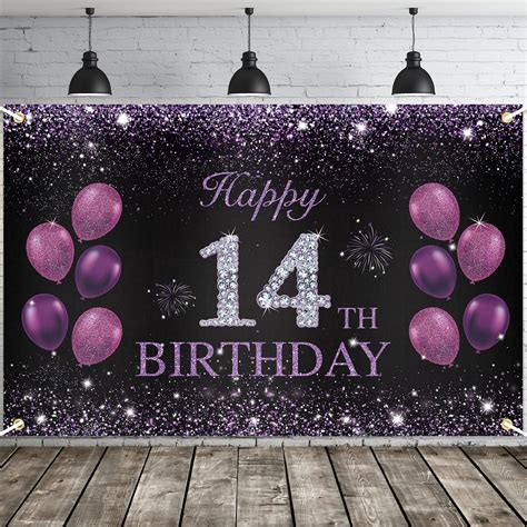 Amazon.com: JOYKY Happy 14th Birthday Banner, Purple Happy 14th ...