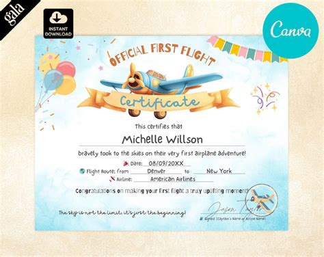 First Flight Certificate for Kids, Toddler's First Flight Award, First ...