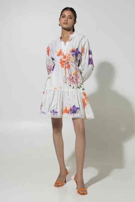 Buy White Linen Printed Floral Stand Iris Pattern Puffed Sleeve Dress ...