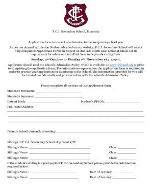 Fillable Online Application form in respect of admission to the 2023 ...