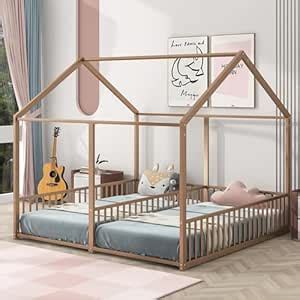 Twin Floor Beds for 2 Kids, Two Twin Size Metal House Bed Frame with ...