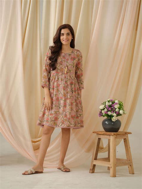 Floral-Printed Keyhole Neck Cotton A-Line Ethnic Dress – Buy Best ...