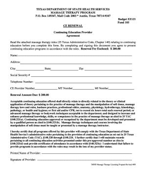 Fillable Online dshs state tx Massage Therapy CE Provider Renewal Form ...