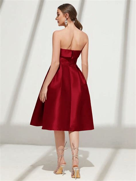 SHEIN Belle Burgundy Red Strapless Satin Formal Evening Gown | SHEIN ...