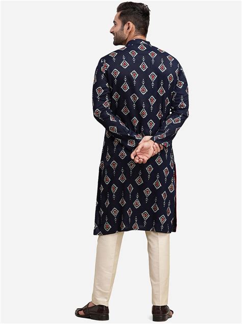 Navy Blue Cotton Blend Straight Cut Printed Kurta for Men – The Kurta ...