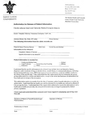 Fillable Online slu Authorization for Release of Patient Information ...