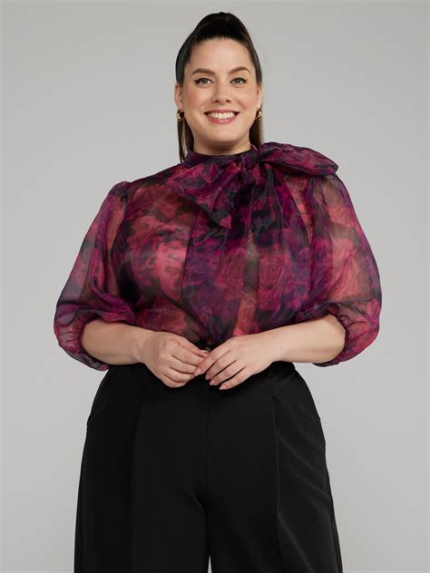 Plus Size Bow Detail Floral Print Sheer Blouse | Fashion to Figure
