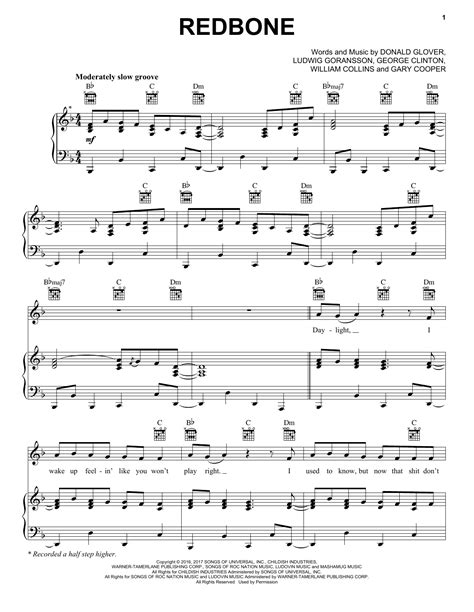Redbone by Childish Gambino Sheet Music for Piano, Vocal & Guitar ...