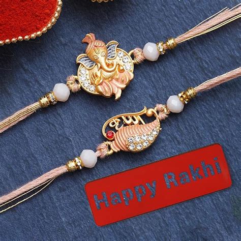 eCraftIndia Set of 2 Lord Ganesha, Krishna Rakhis, Happy Rakhi Wooden ...