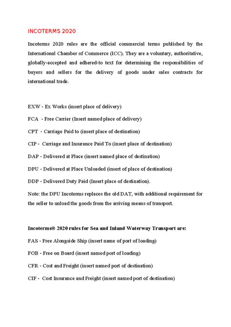 Incoterms 2020 - Lecture notes for M.com - INCOTERMS 2020 Incoterms ...