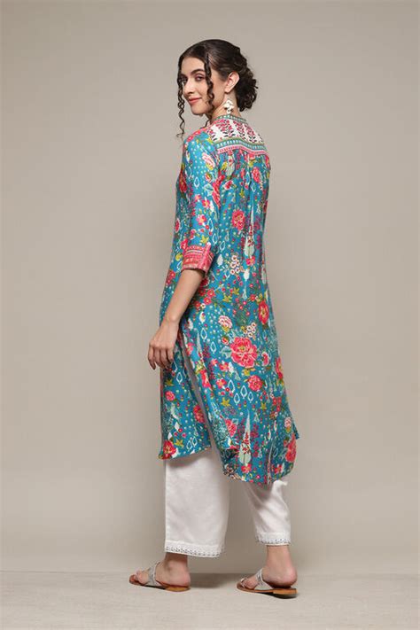 Teal Viscose Straight Printed Kurta