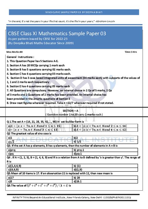 MC11-03 - class 11 sample paper - General Instructions : This Question ...