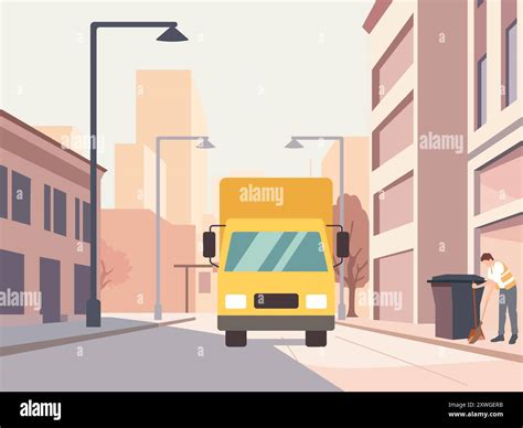 Street cleaning with machine. Truck collects garbage cans, ridding city ...