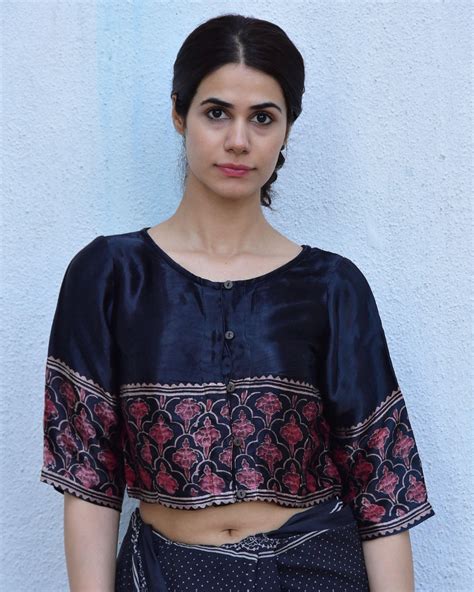Buy Black Blockprinted Crop Top Blouse | Mashru Silk