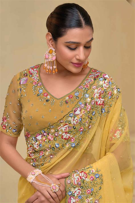 Buy Yellow Moti Work Organza Saree From Designer Lehenga Choli