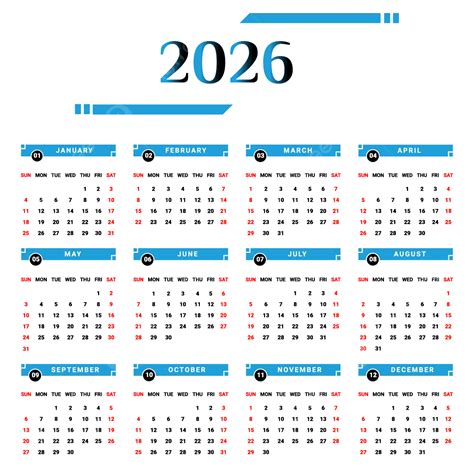 تقويم عام 2026 باللون الأسود والأزرق السماوي المتجه, تقويم, تقويم عام ...