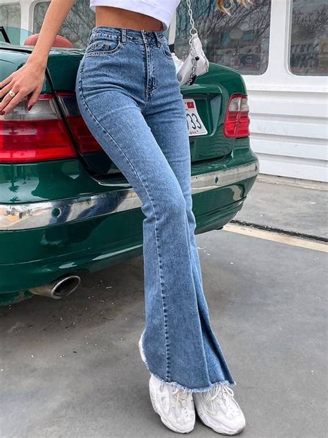 Blue Ripped Long Natural Cotton Slim Fit Solid Bell Bottom Jeans – Wear ...