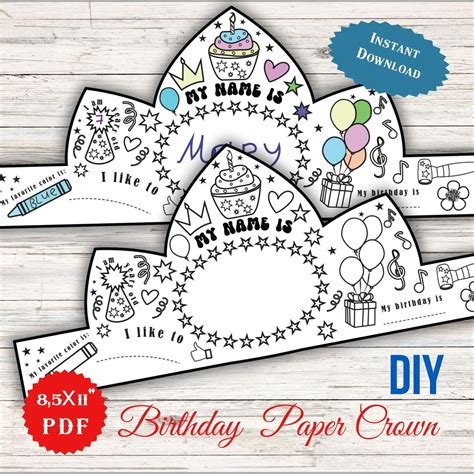 Birthday Paper Crown, Coloring Craft Printable Crown,Princess Preschool ...