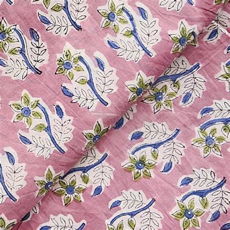 Pure Cotton Jaipuri Peach With Flower Motif Hand Block Print Fabric ...
