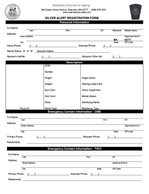 Fillable Online SILVER ALERT REGISTRATION FORM Personal ... - Webs Fax ...